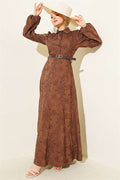 Belted Flower Embroidered Buttoned Dress, Coffee