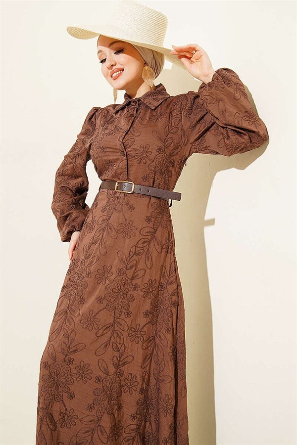 Belted Flower Embroidered Buttoned Dress, Coffee