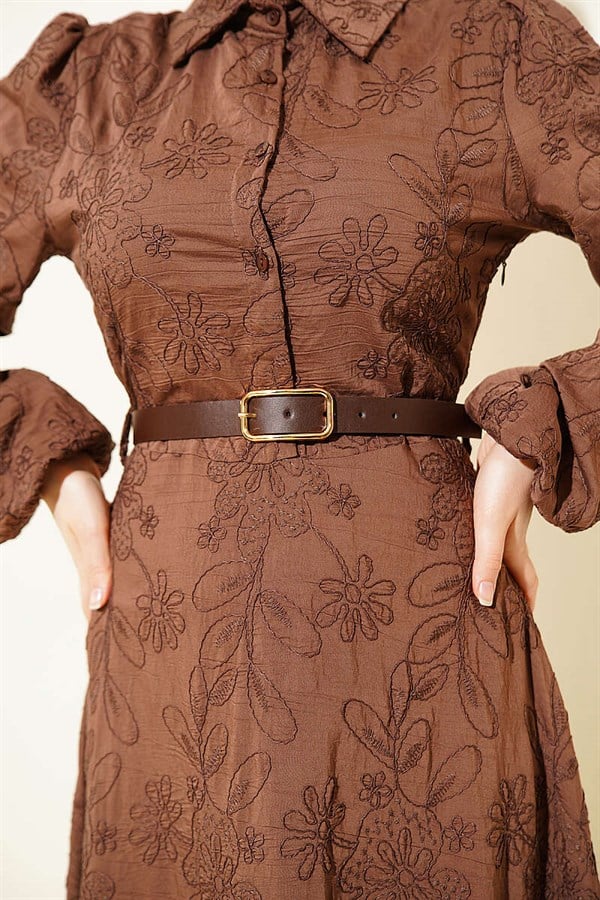 Belted Flower Embroidered Buttoned Dress, Coffee