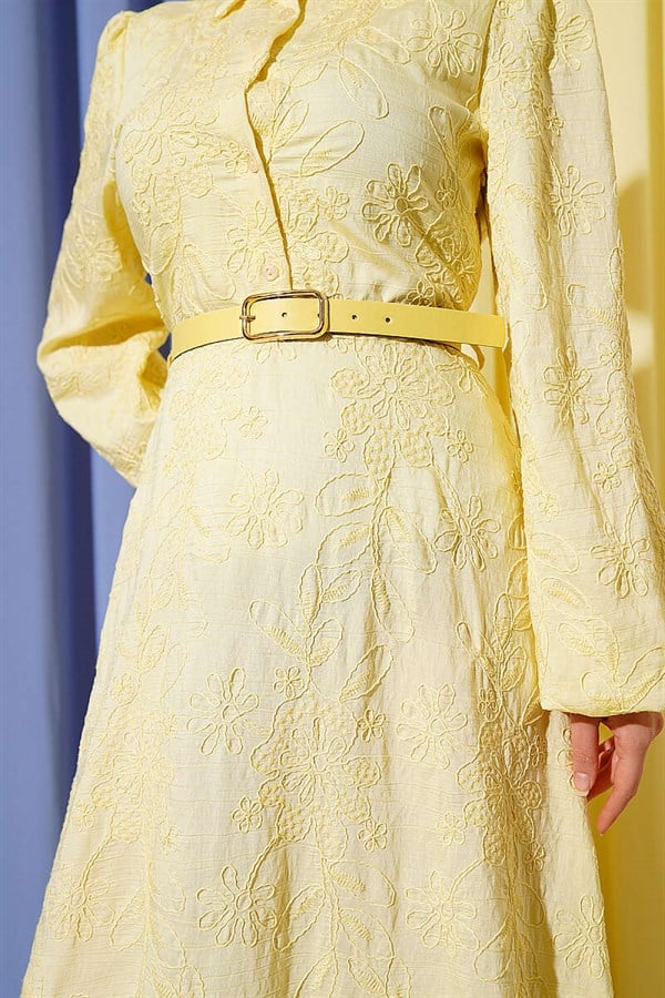 Yellow Buttoned Dress with Belt and Floral Embroidery