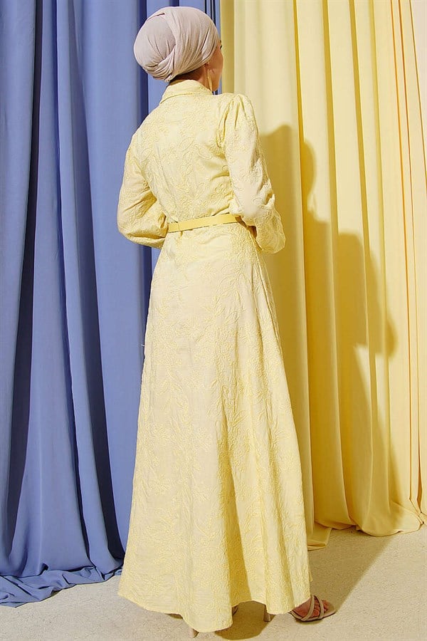 Yellow Buttoned Dress with Belt and Floral Embroidery