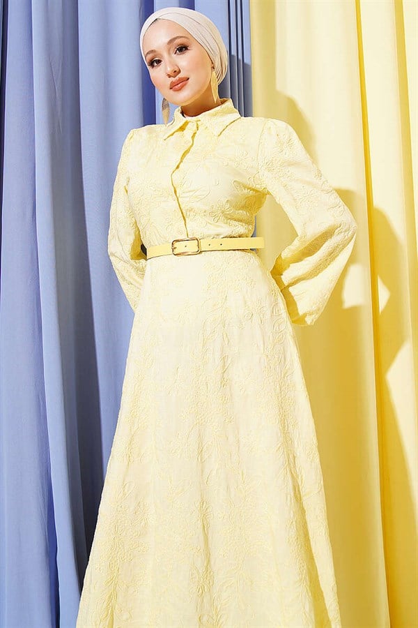 Yellow Buttoned Dress with Belt and Floral Embroidery