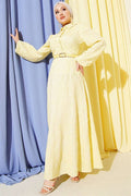 Yellow Buttoned Dress with Belt and Floral Embroidery