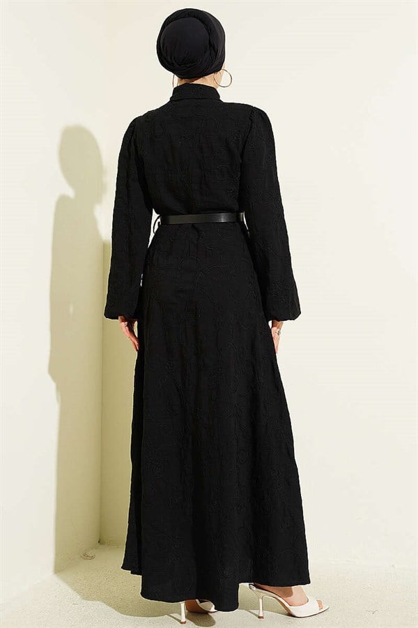 Belted Dress with Floral Embroidery and Buttons, Black