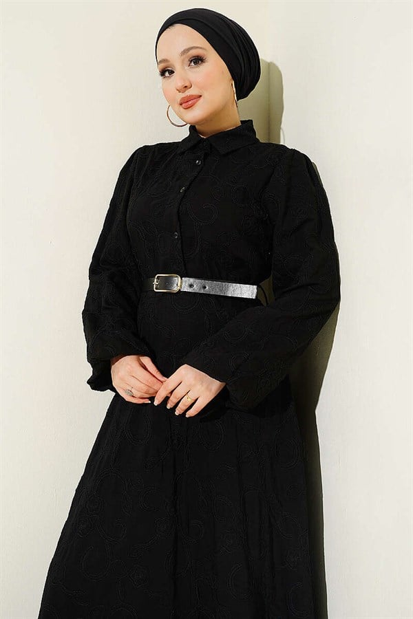 Belted Dress with Floral Embroidery and Buttons, Black