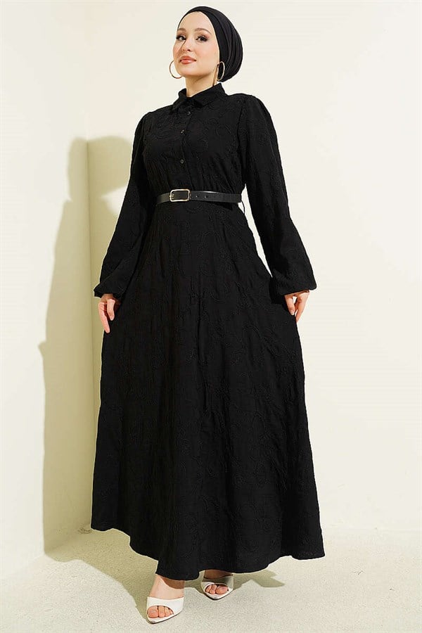 Belted Dress with Floral Embroidery and Buttons, Black