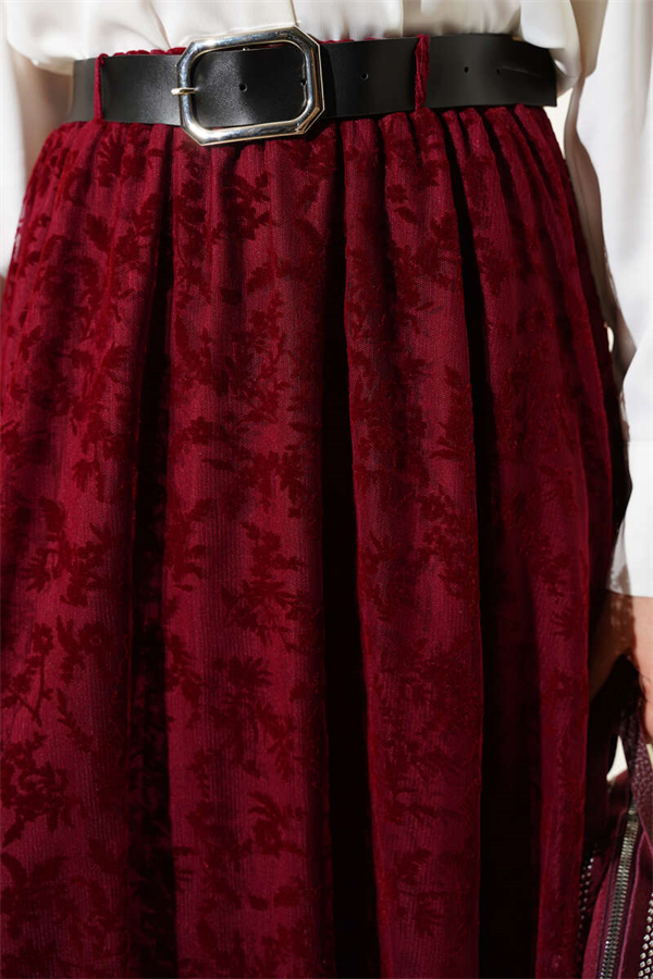 Arched Floral Tulle Flared Skirt Burgundy