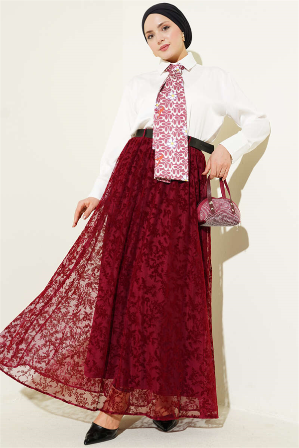 Arched Floral Tulle Flared Skirt Burgundy