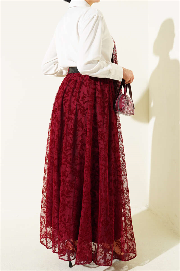 Arched Floral Tulle Flared Skirt Burgundy