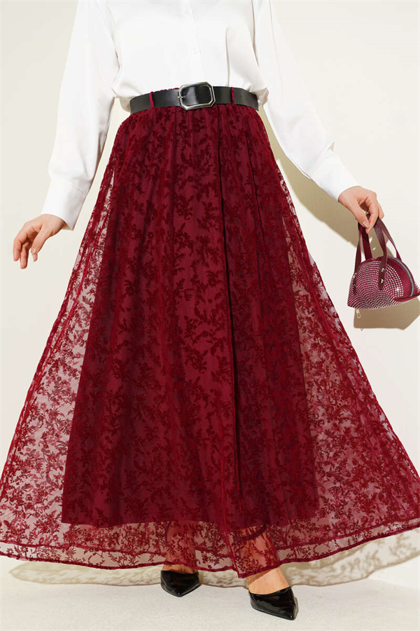 Arched Floral Tulle Flared Skirt Burgundy