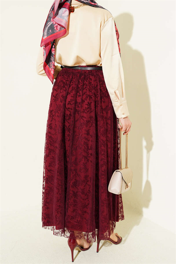 Arched Floral Flared Tulle Skirt, Burgundy