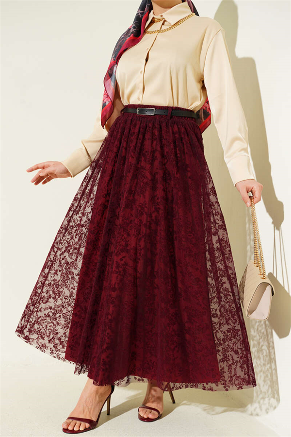 Arched Floral Flared Tulle Skirt, Burgundy