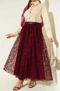 Arched Floral Flared Tulle Skirt, Burgundy