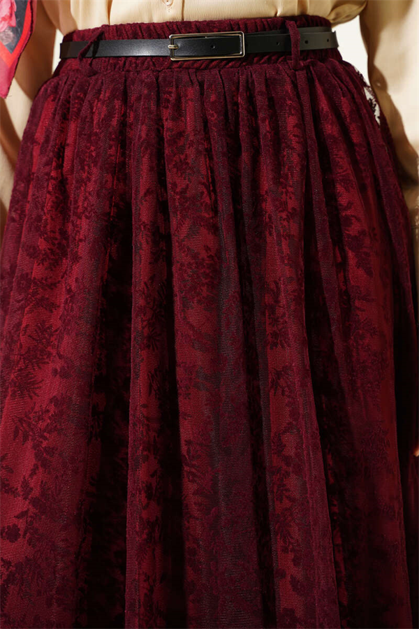 Arched Floral Flared Tulle Skirt, Burgundy