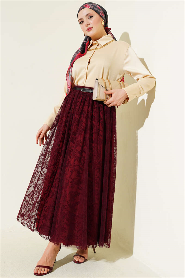 Arched Floral Flared Tulle Skirt, Burgundy