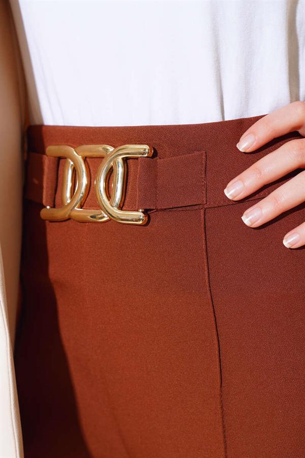 Belted and Striped Casual Trousers Brown