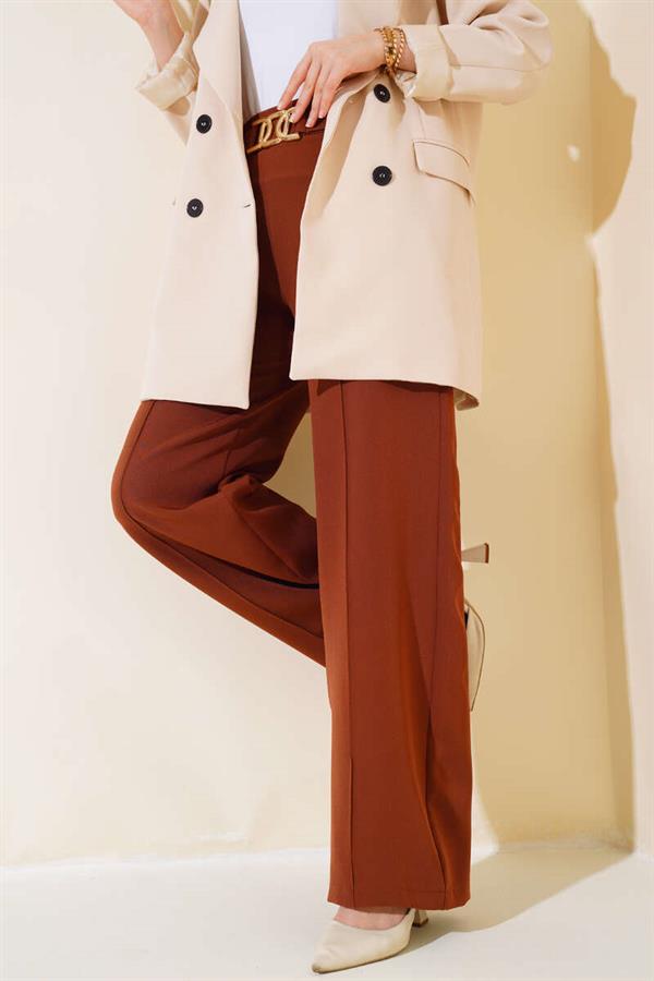 Belted and Striped Casual Trousers Brown
