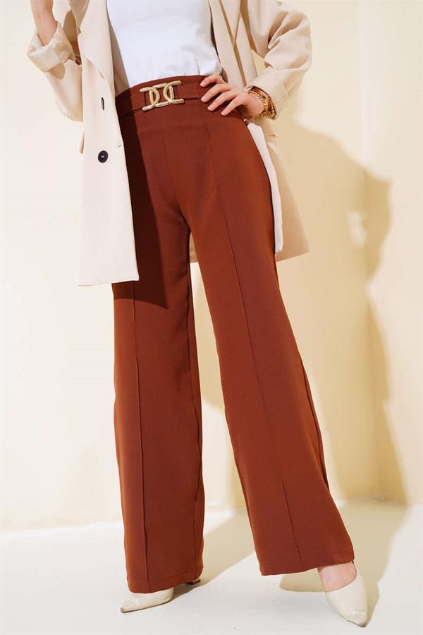 Belted and Striped Casual Trousers Brown