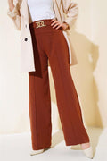 Belted and Striped Casual Trousers Brown