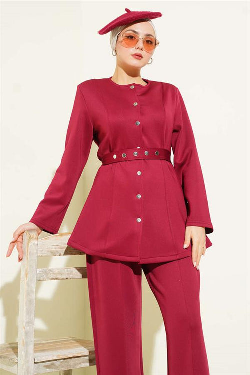 2 Piece Set Jacket with Belt and Snap Buttons, Burgundy