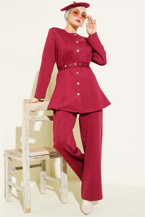 2 Piece Set Jacket with Belt and Snap Buttons, Burgundy