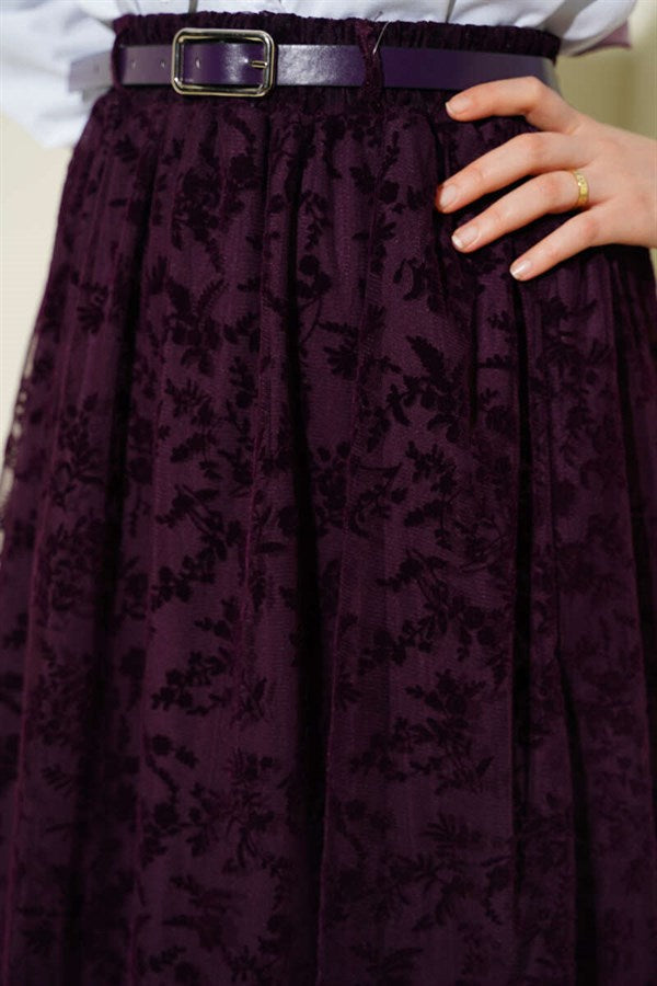 Belted Skirt with Lace Detail, Purple