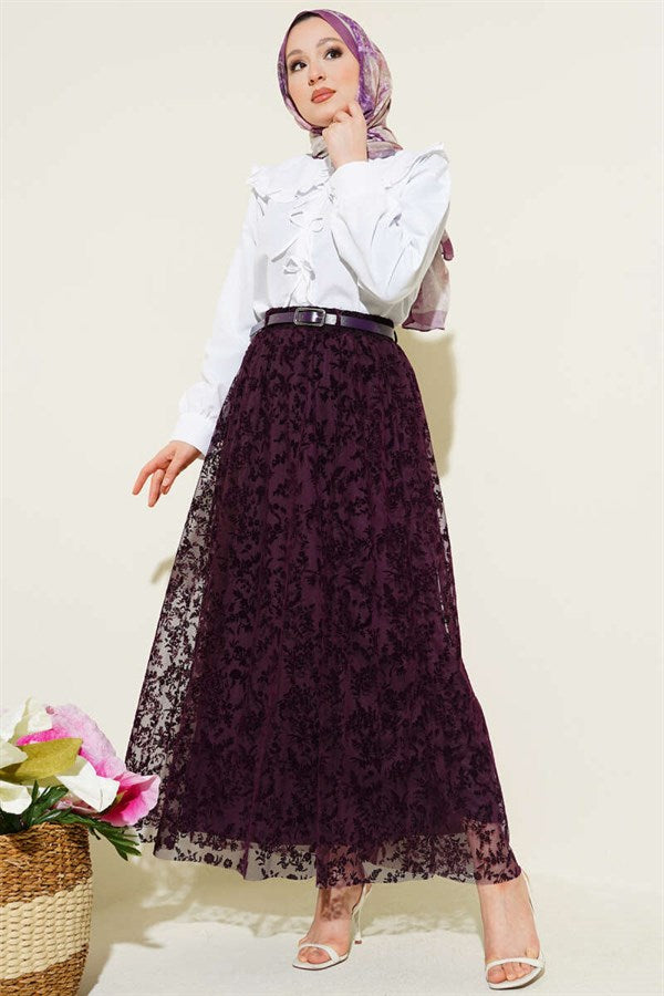 Belted Skirt with Lace Detail, Purple