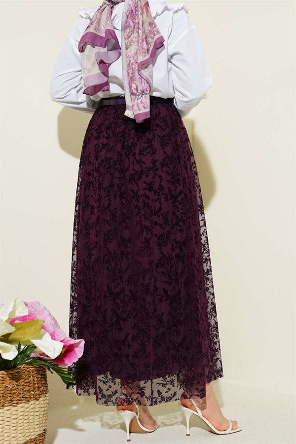 Belted Skirt with Lace Detail, Purple