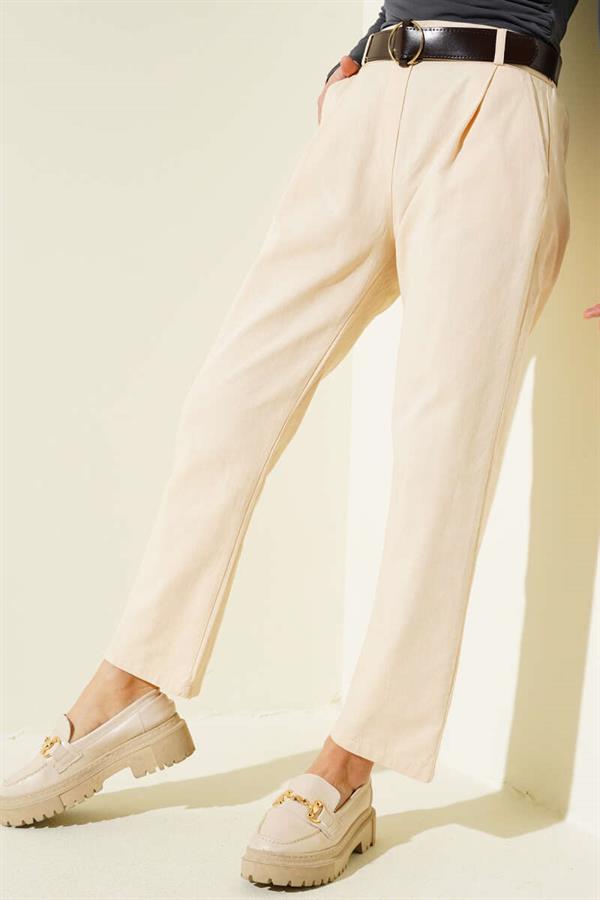 Belted Skinny Leg Gabardine Trousers Sand Beige