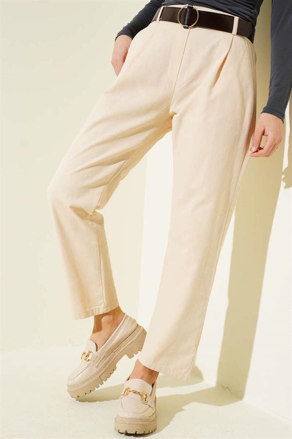 Belted Skinny Leg Gabardine Trousers Sand Beige