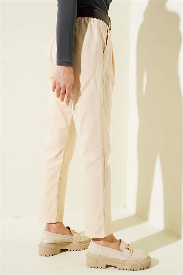 Belted Skinny Leg Gabardine Trousers Sand Beige