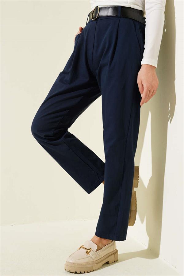 Belted Skinny Leg Gabardine Trousers Navy Blue