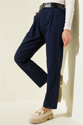 Belted Skinny Leg Gabardine Trousers Navy Blue