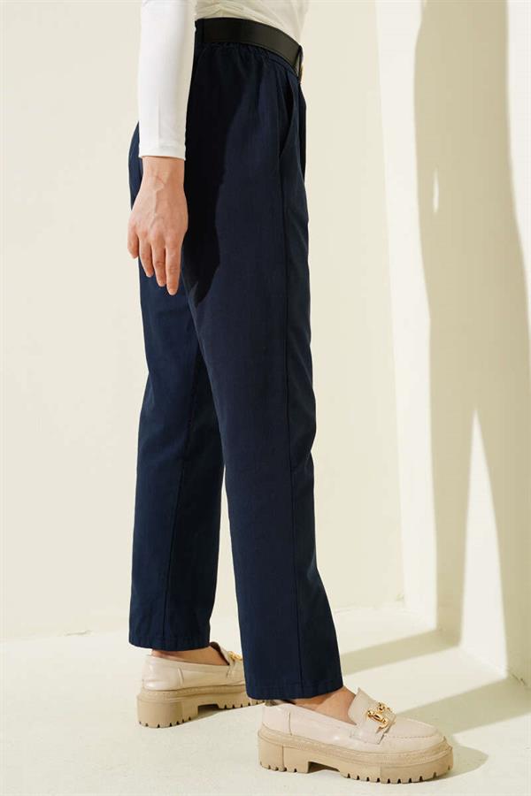 Belted Skinny Leg Gabardine Trousers Navy Blue