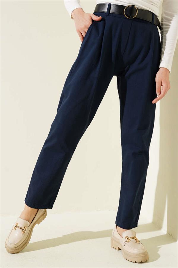 Belted Skinny Leg Gabardine Trousers Navy Blue