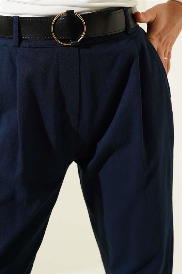Belted Skinny Leg Gabardine Trousers Navy Blue