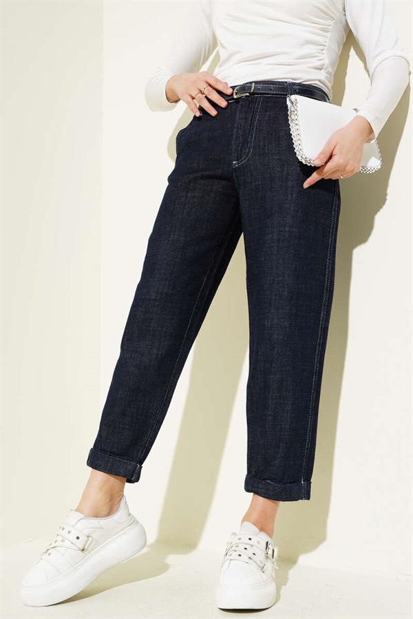 Belted Skinny Leg Jeans Navy Blue