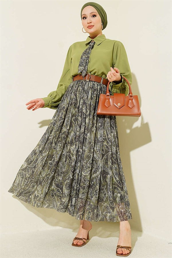 2 Piece Set with Belted Patterned Skirt, Khaki