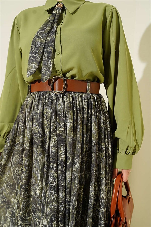 2 Piece Set with Belted Patterned Skirt, Khaki