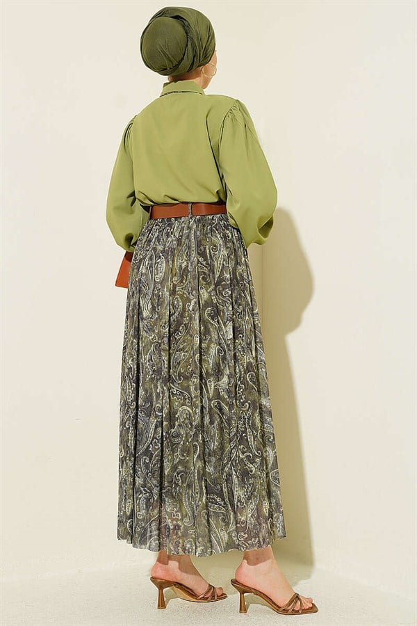2 Piece Set with Belted Patterned Skirt, Khaki