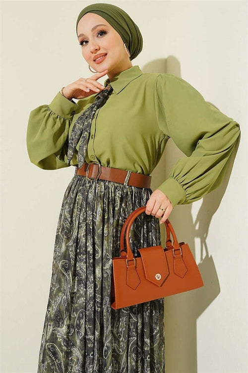 2 Piece Set with Belted Patterned Skirt, Khaki