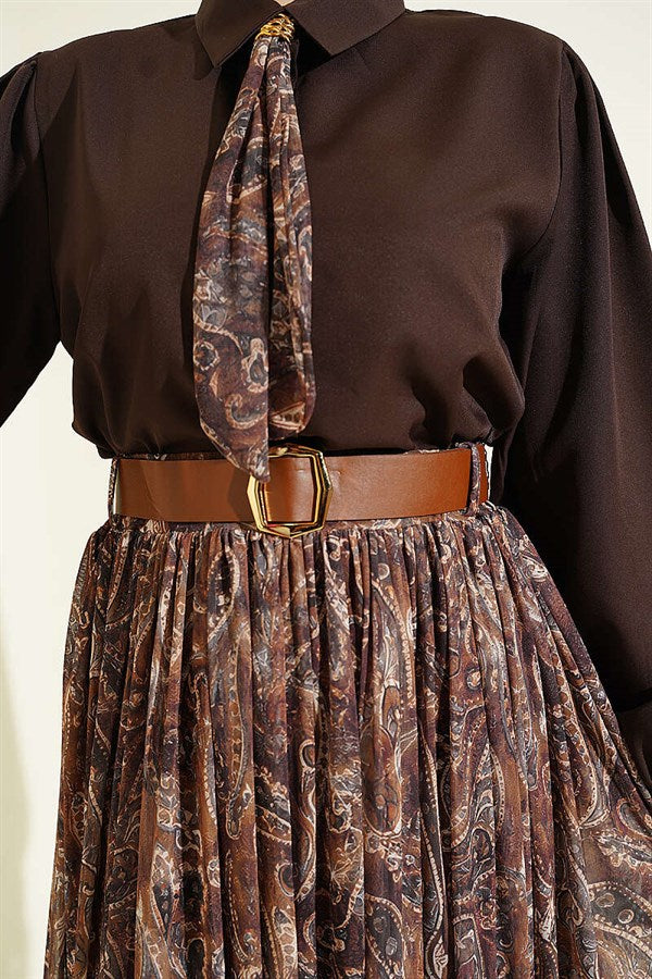 2 Piece Set with Belted Patterned Skirt, Coffee