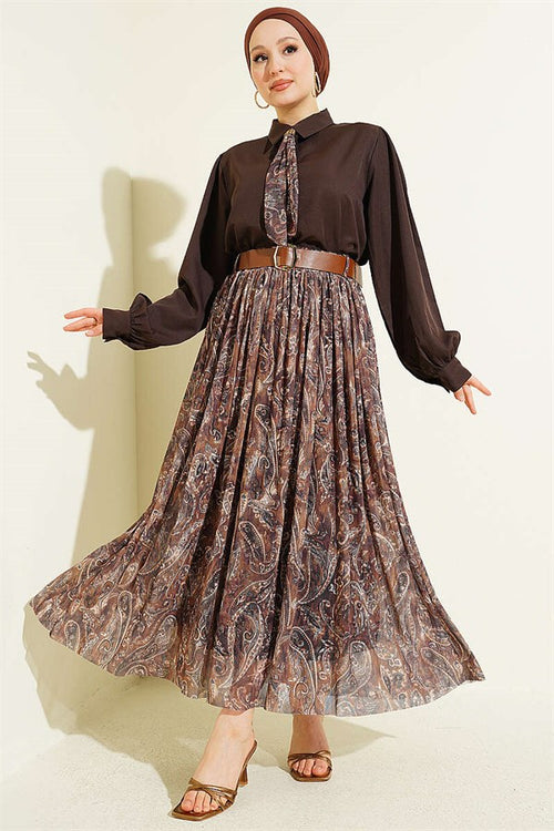 2 Piece Set with Belted Patterned Skirt, Coffee