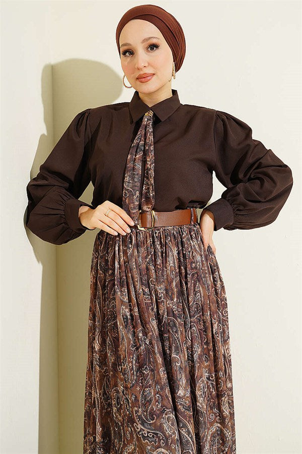 2 Piece Set with Belted Patterned Skirt, Coffee