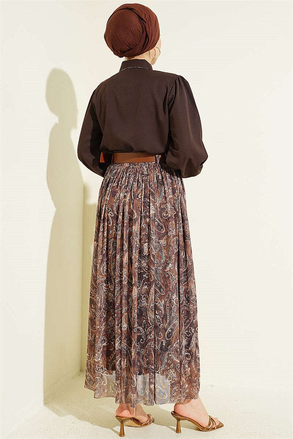 2 Piece Set with Belted Patterned Skirt, Coffee