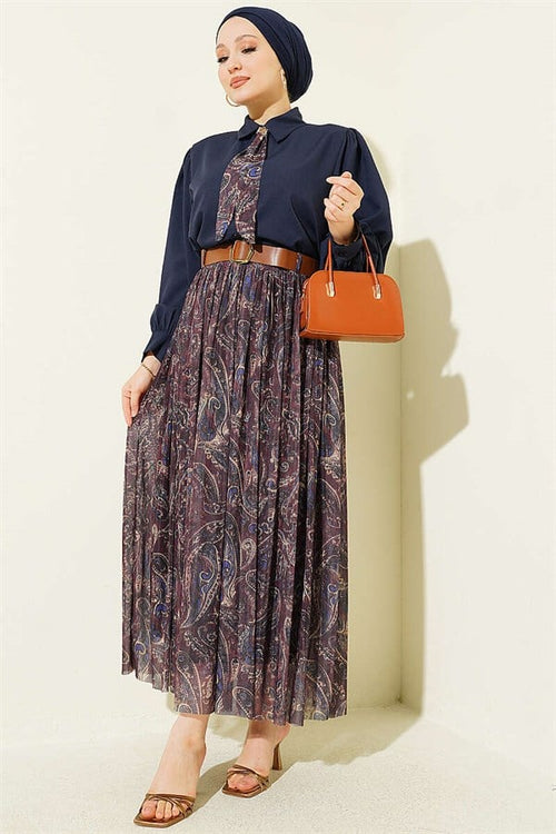 2 Piece Set with Belted Patterned Skirt, Navy Blue