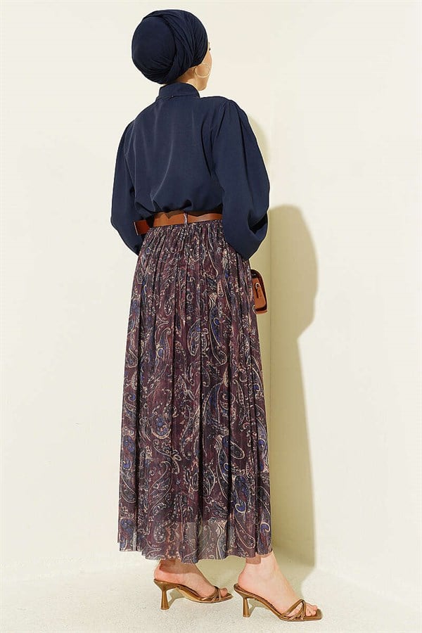2 Piece Set with Belted Patterned Skirt, Navy Blue