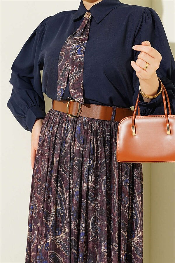 2 Piece Set with Belted Patterned Skirt, Navy Blue