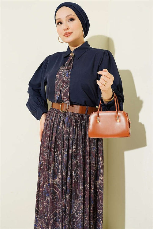 2 Piece Set with Belted Patterned Skirt, Navy Blue