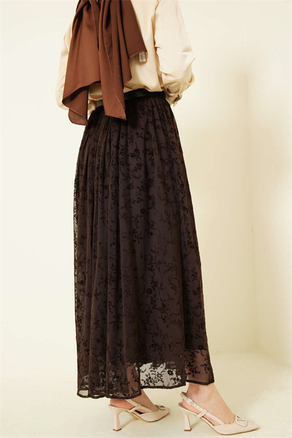 Belted Patterned Tulle Skirt in Brown